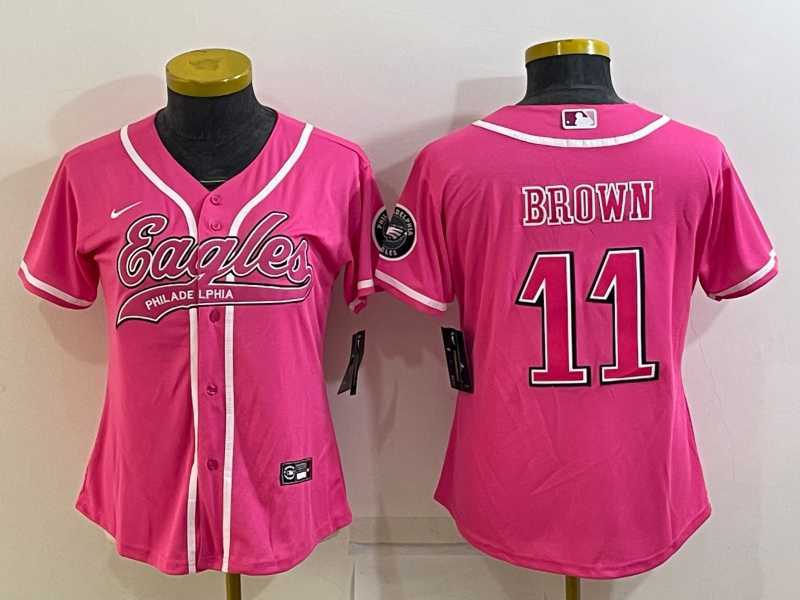 Women%27s Philadelphia Eagles #11 AJ Brown Pink With Patch Cool Base Stitched Baseball Jersey